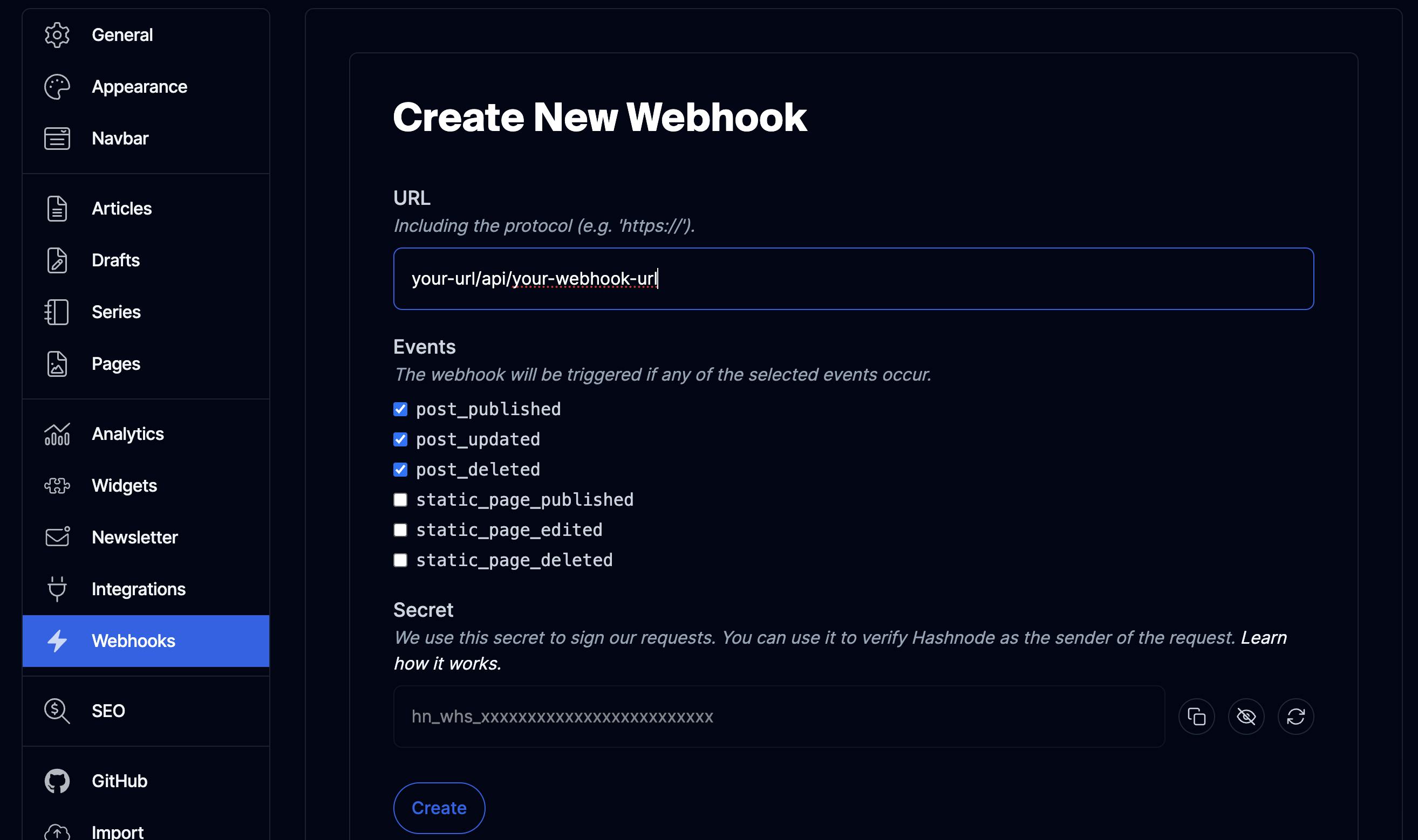 A screenshot of Create a webhook window in Hashnode dashboard