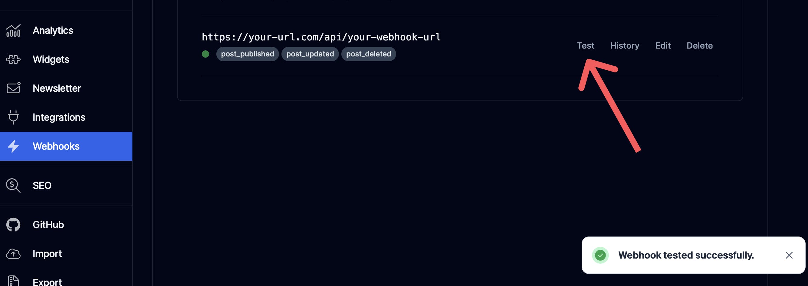 A screenshot of the webhook Hashnode dashboard showing the test button and the success alert