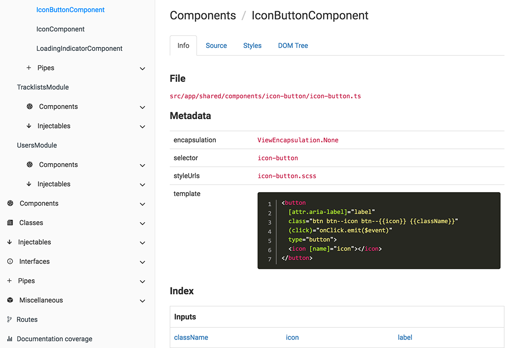 A screenshot of a documentation page for the "IconButtonComponent" in a software project. The page includes a navigation menu on the left and details about the component on the right, such as file path, metadata, and a code snippet for the button template.