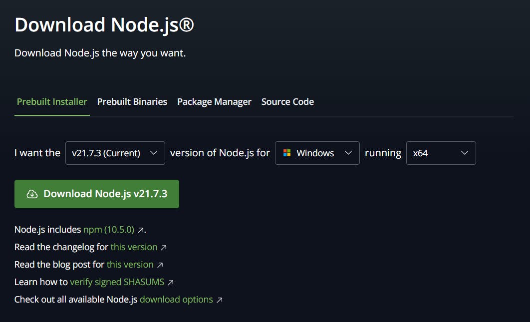 Screenshot of the Node.js download page. The page offers options to download the current version (v21.7.3) for Windows, running on x64 architecture. There are links to read the changelog, blog post, verify SHASUMS, and view other download options.