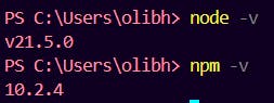 Command prompt showing Node.js version 21.5.0 and npm version 10.2.4.
