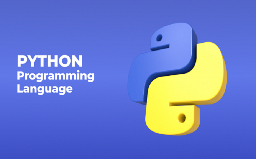 3d logo of the python programming language in blue and yellow colors against a solid blue background with text "python programming language".