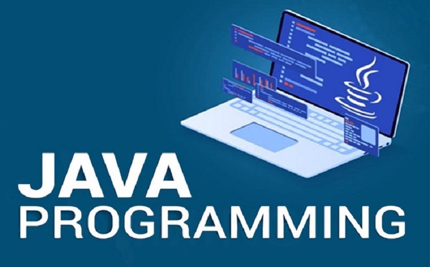 A laptop with a programming program on the screen with text written 'java programming'