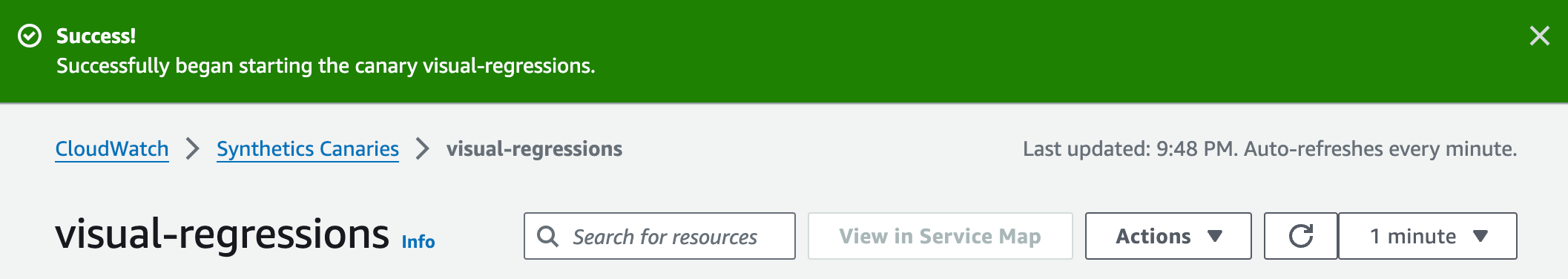 A screenshot showing a success message for starting the canary visual-regressions in a CloudWatch Synthetics Canaries interface, with options to view in service map, perform actions, and set auto-refresh timing.