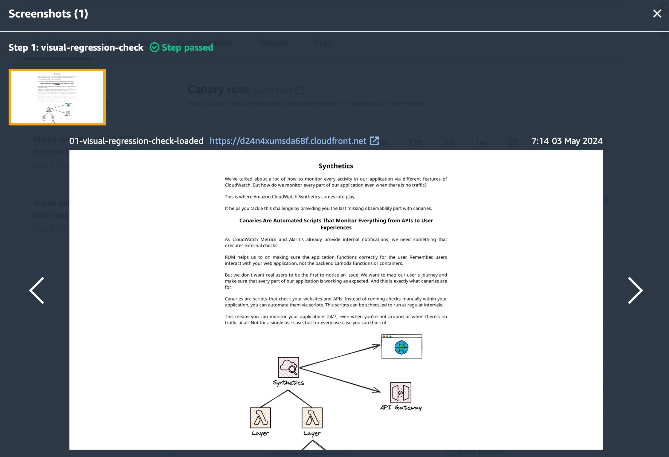 Screenshot of a webpage discussing "Canaries" as automated scripts in cloud monitoring, with a diagram explaining the process and a navigation bar showing a "Step passed" notification for a visual regression check.