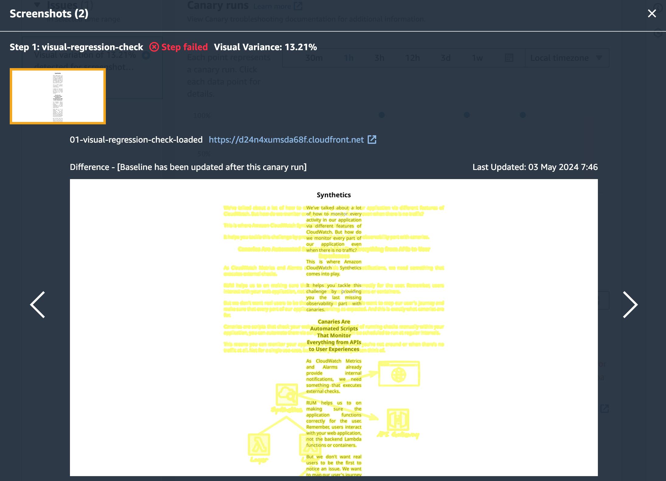 A screenshot showing a user interface for a visual regression check tool, indicating a step failure due to a 13.21% visual variance. The interface includes details about the test, links, and a timestamp of the last update.