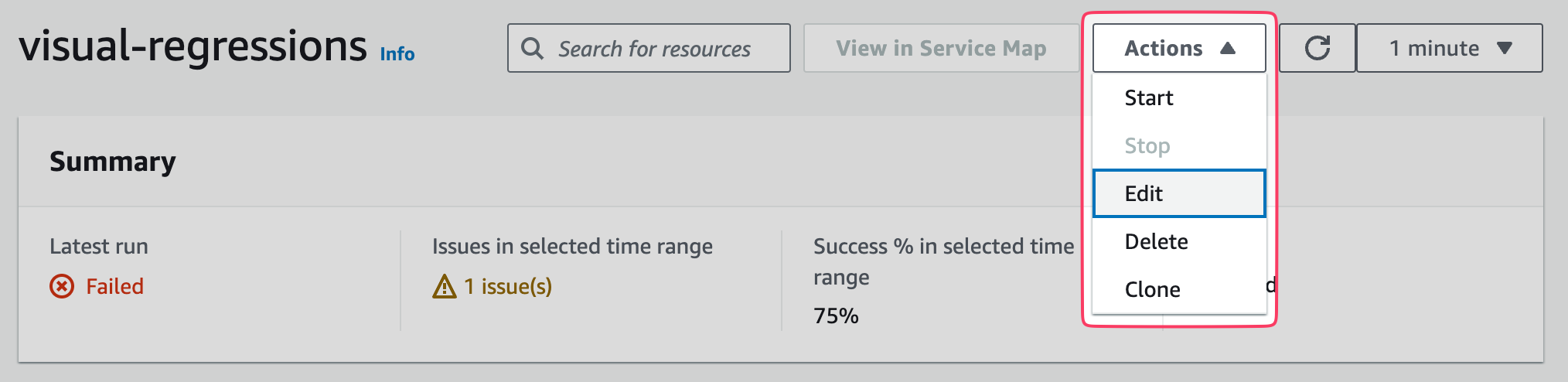 A screenshot of a web interface titled "visual-regressions" showing various sections including a summary of the latest run marked as "Failed", issues in a selected time range, and a success percentage. A dropdown menu with options like Start, Stop, Edit, Delete, and Clone is highlighted on the right side of the screen.