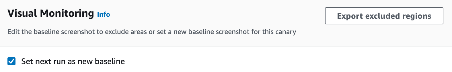 A screenshot of a user interface for visual monitoring with options to edit baseline screenshots, set next run as new baseline, and export excluded regions.