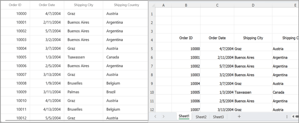 Customizing the starting row and column position in the exported Excel file