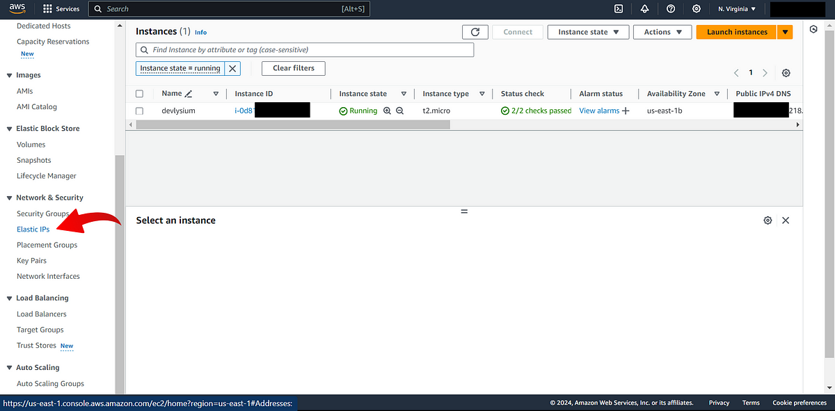 Screenshot showing how to find Elastic IPs option under Network and Security drop-down menu