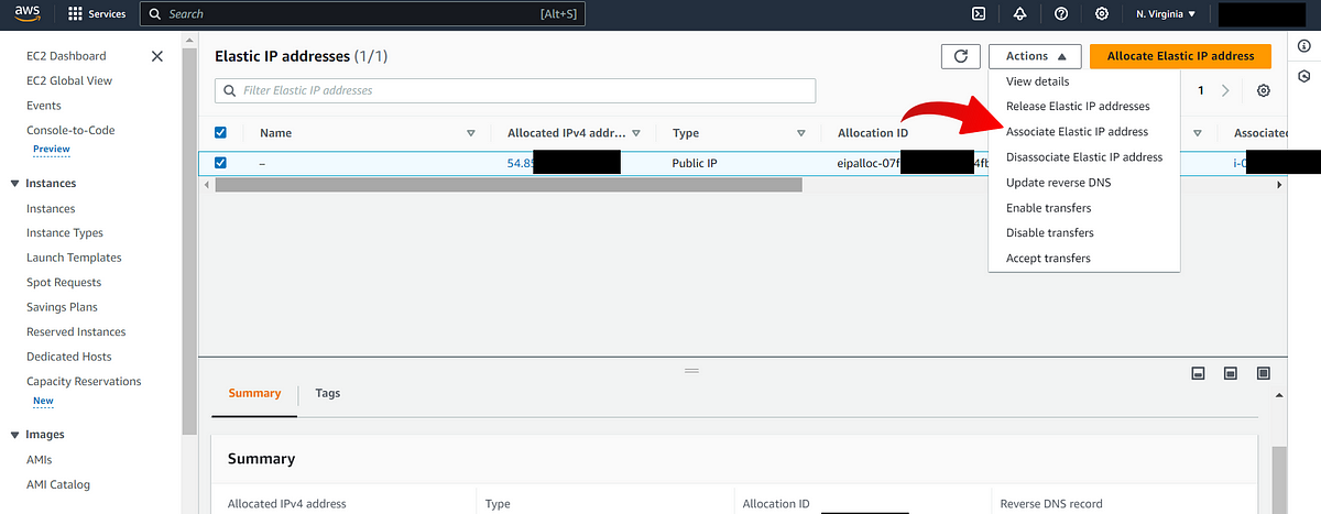 Screenshot showing how to associate an Elastic IP address to an EC2 instance