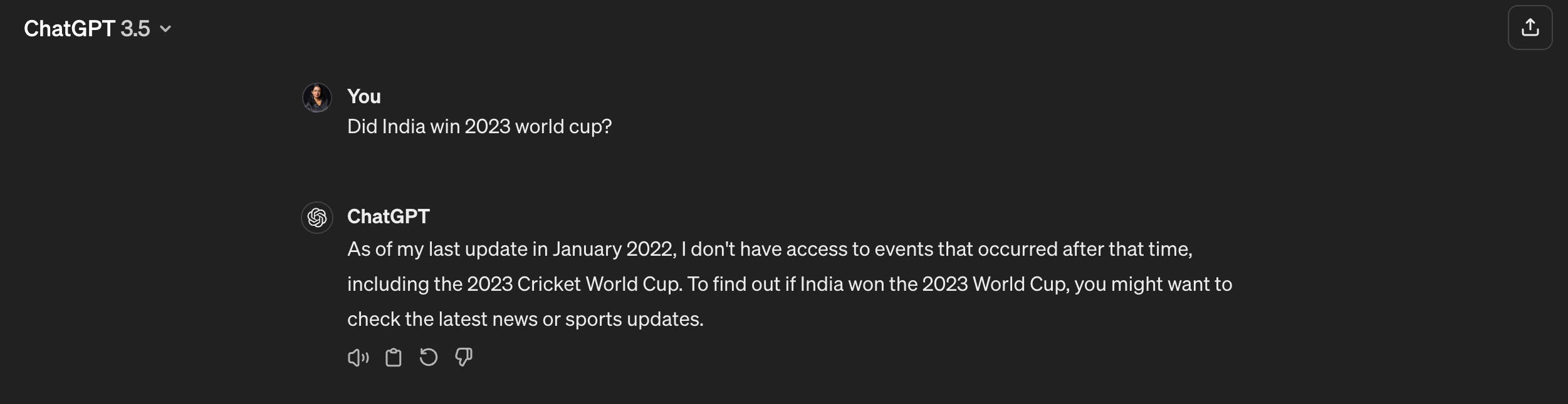 A screenshot of a conversation with ChatGPT where a user asks if India won the 2023 World Cup, and ChatGPT responds that it doesn't have information on events after January 2022.