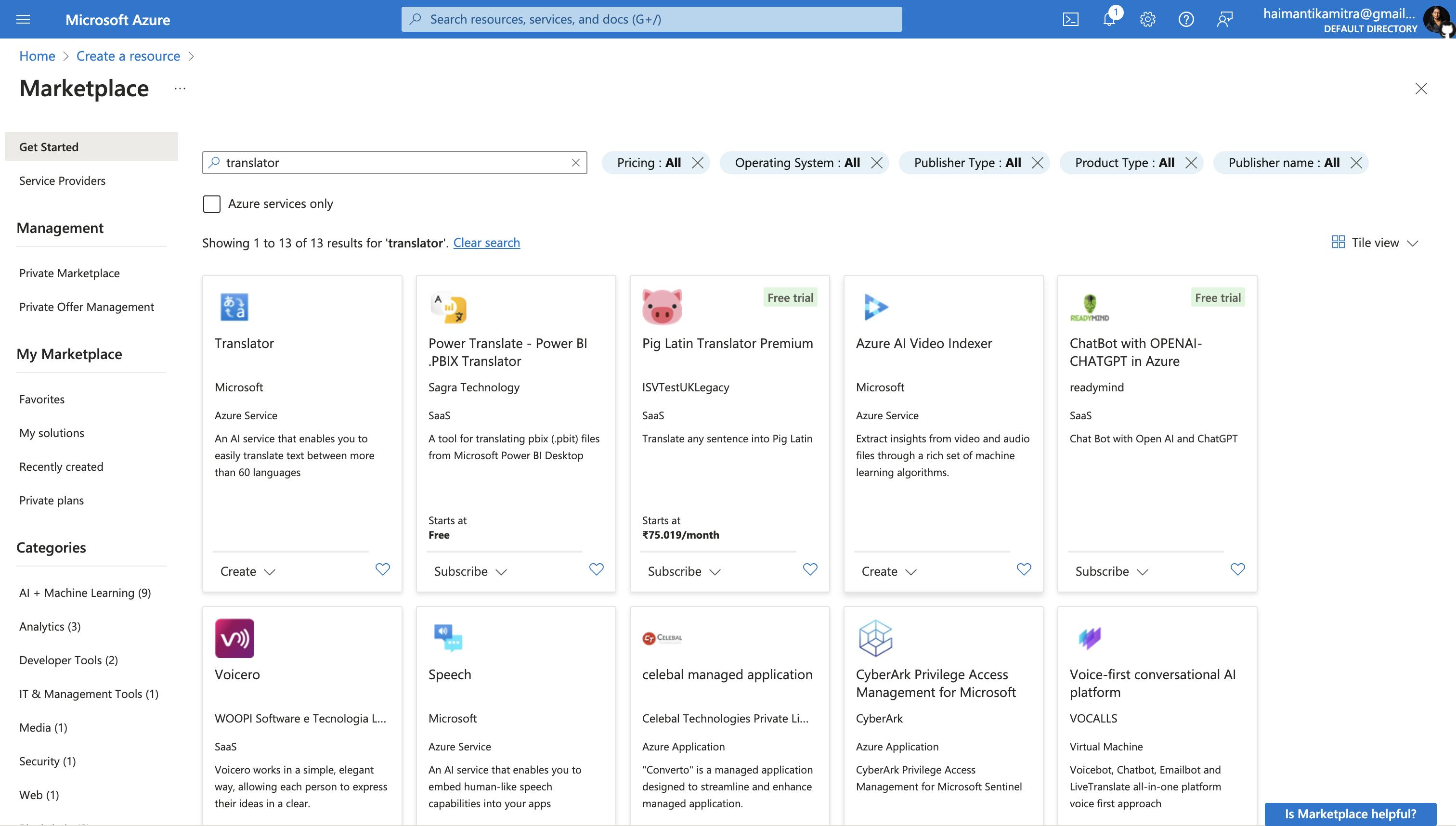 Screenshot of Microsoft Azure Marketplace showing various translator services available for subscription, including options like "Translator" by Microsoft, "Power Translate - Power BI .PBIX Translator" by Saga Technology, and "Pig Latin Translator Premium" by ISVTestUKLegacy.