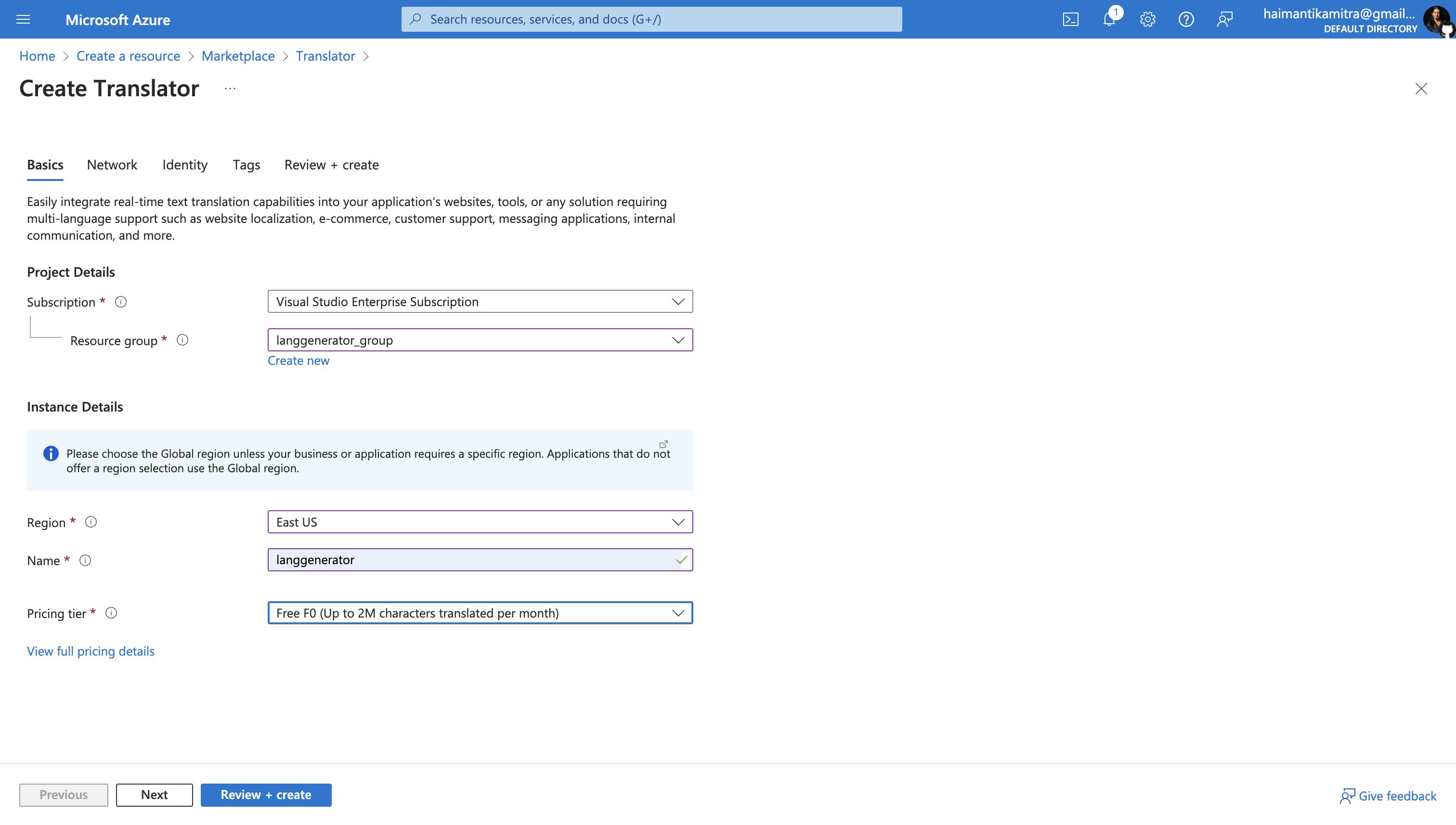 Screenshot of the Microsoft Azure portal showing the "Create Translator" setup page with fields for subscription, resource group, region, and instance details filled out.