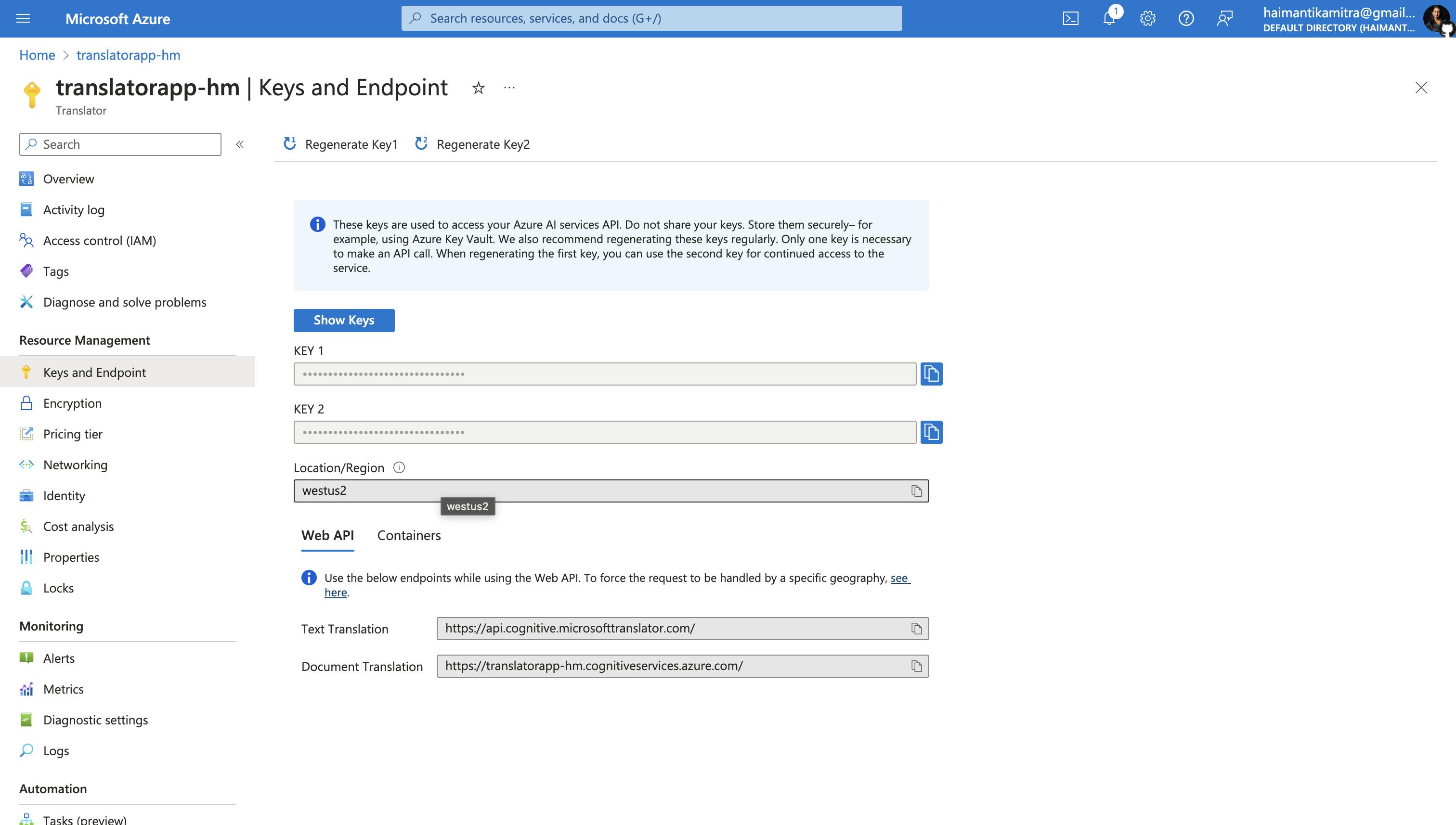 Screenshot of Microsoft Azure's management interface showing the "Keys and Endpoint" section of a Translator service, with options to view and regenerate API keys, and details of the service's location and endpoints.