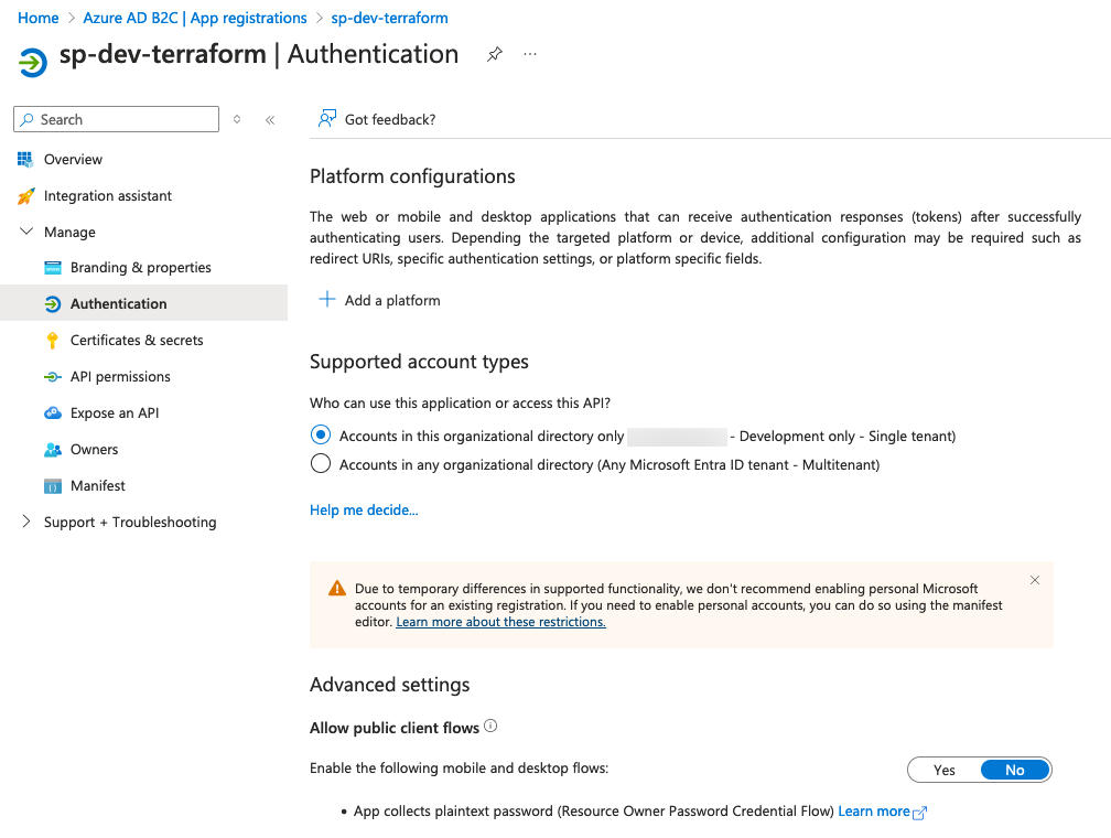 Screenshot of the Azure AD B2C App registration page focused on the "Authentication" settings, showing options for platform configurations, supported account types, and advanced settings.