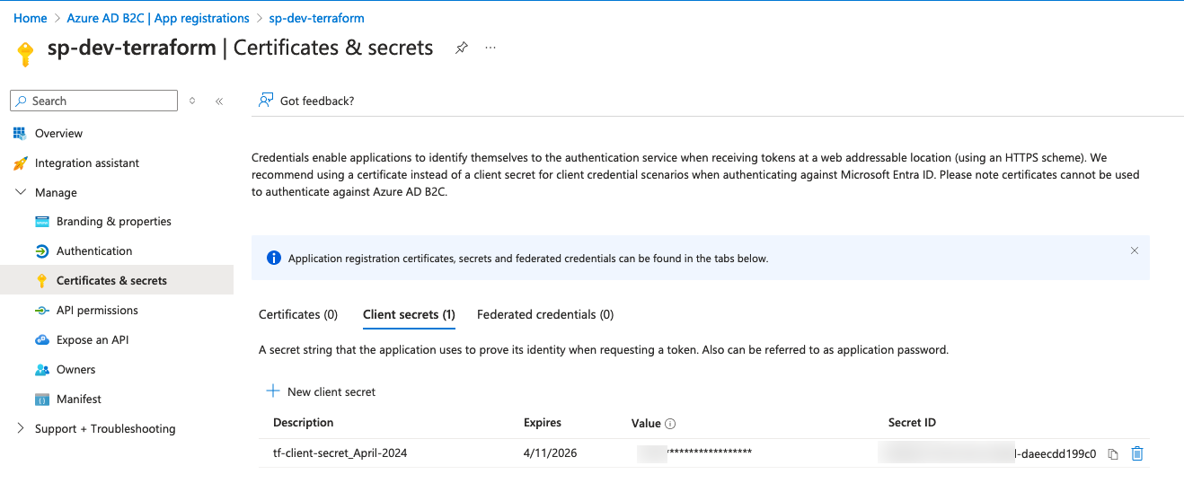 Screenshot of the "Certificates & secrets" section in Azure AD B2C App registrations interface, showing a list with one client secret named "tf-client-secret_April-2024" with its expiration date and partially obscured value.