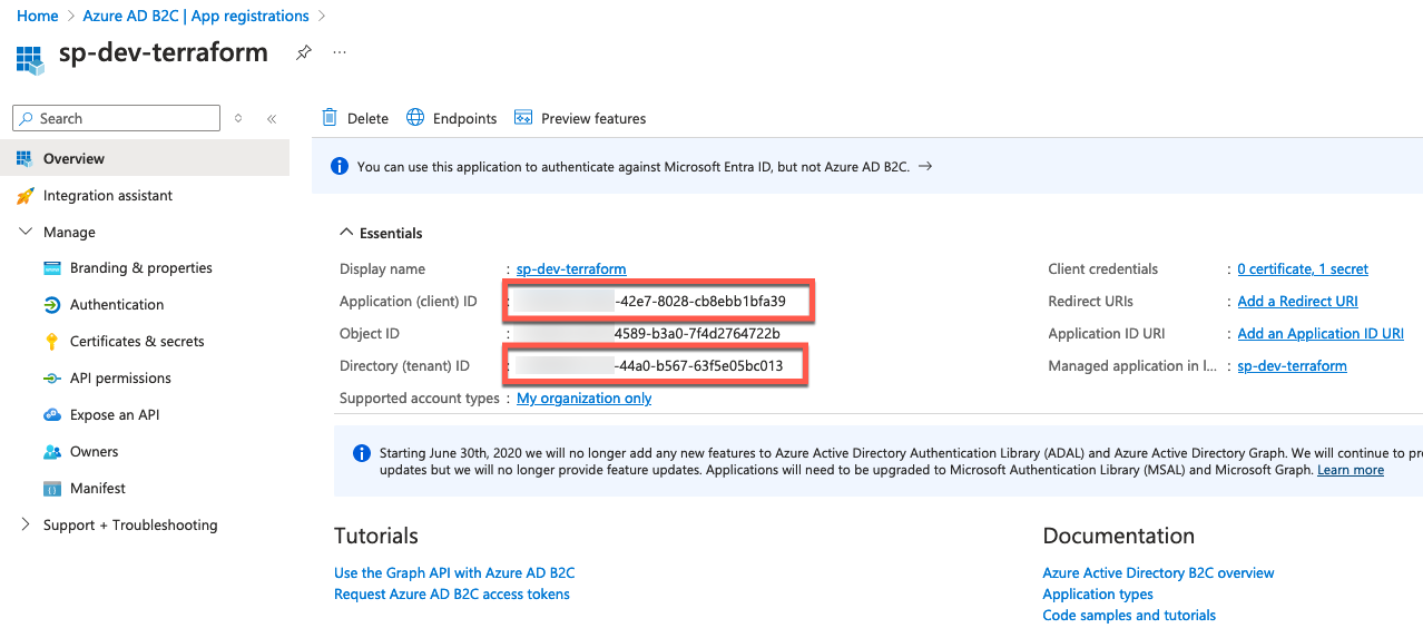 Screenshot of an Azure AD B2C App registrations page showing details of an application named "sp-dev-terraform" with various IDs and configurations visible.