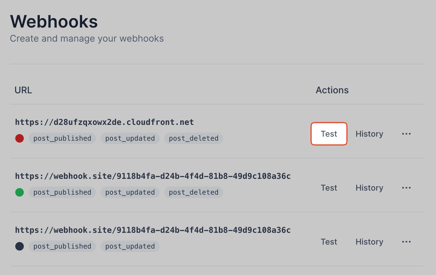 Screenshot of a webhooks management interface showing URLs and their status with options for testing and viewing history.