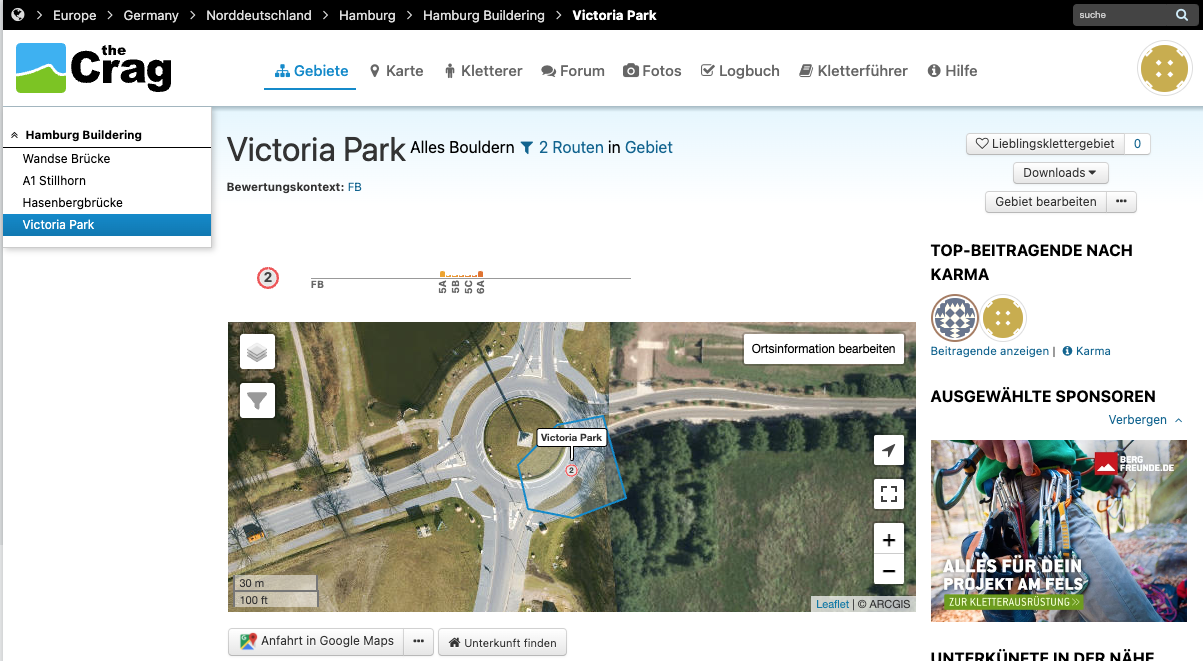 Screenshot from TheCrag at boulder spot Victoria Park, Hamburg