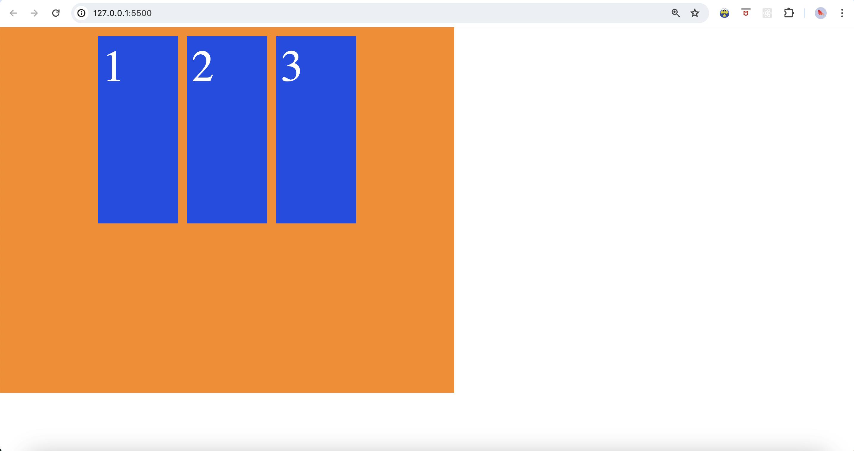 A web browser window displaying a page with an orange background and three blue rectangles numbered 1, 2, and 3 in white text.