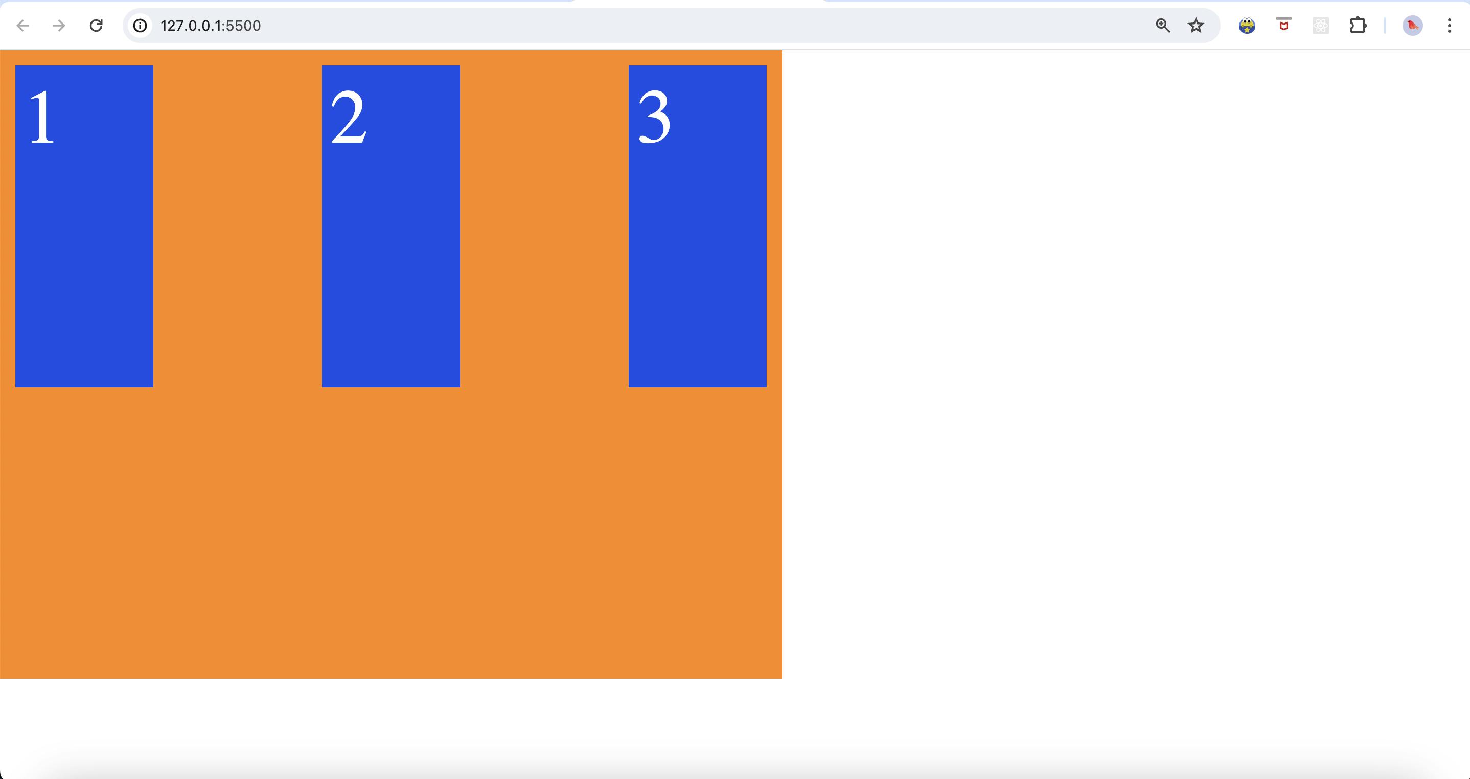 A web page displaying three vertical blue rectangles labeled "1," "2," and "3" on an orange background.