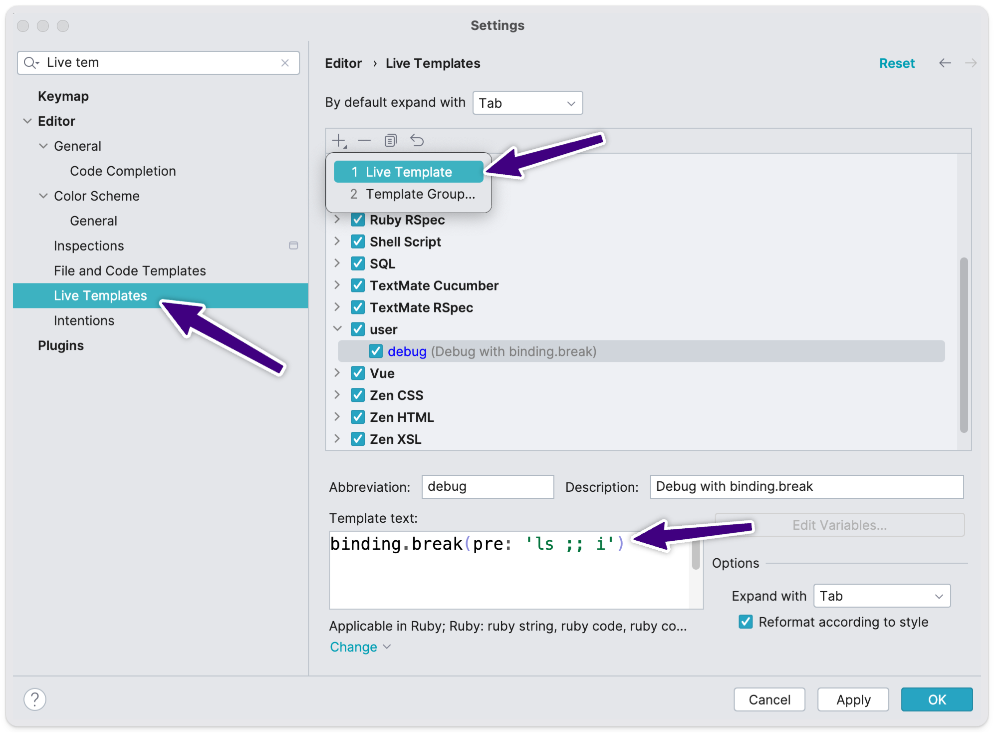 How to add a Live Template in RubyMine