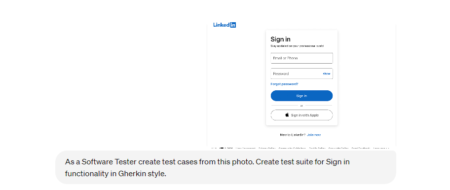 A screenshot of the LinkedIn sign-in page. The page includes fields for email or phone and password, a "Forgot password?" link, a "Sign in" button, and an option to sign in with Apple. Below the image is a prompt asking software testers to create test cases for the sign-in functionality in Gherkin style.