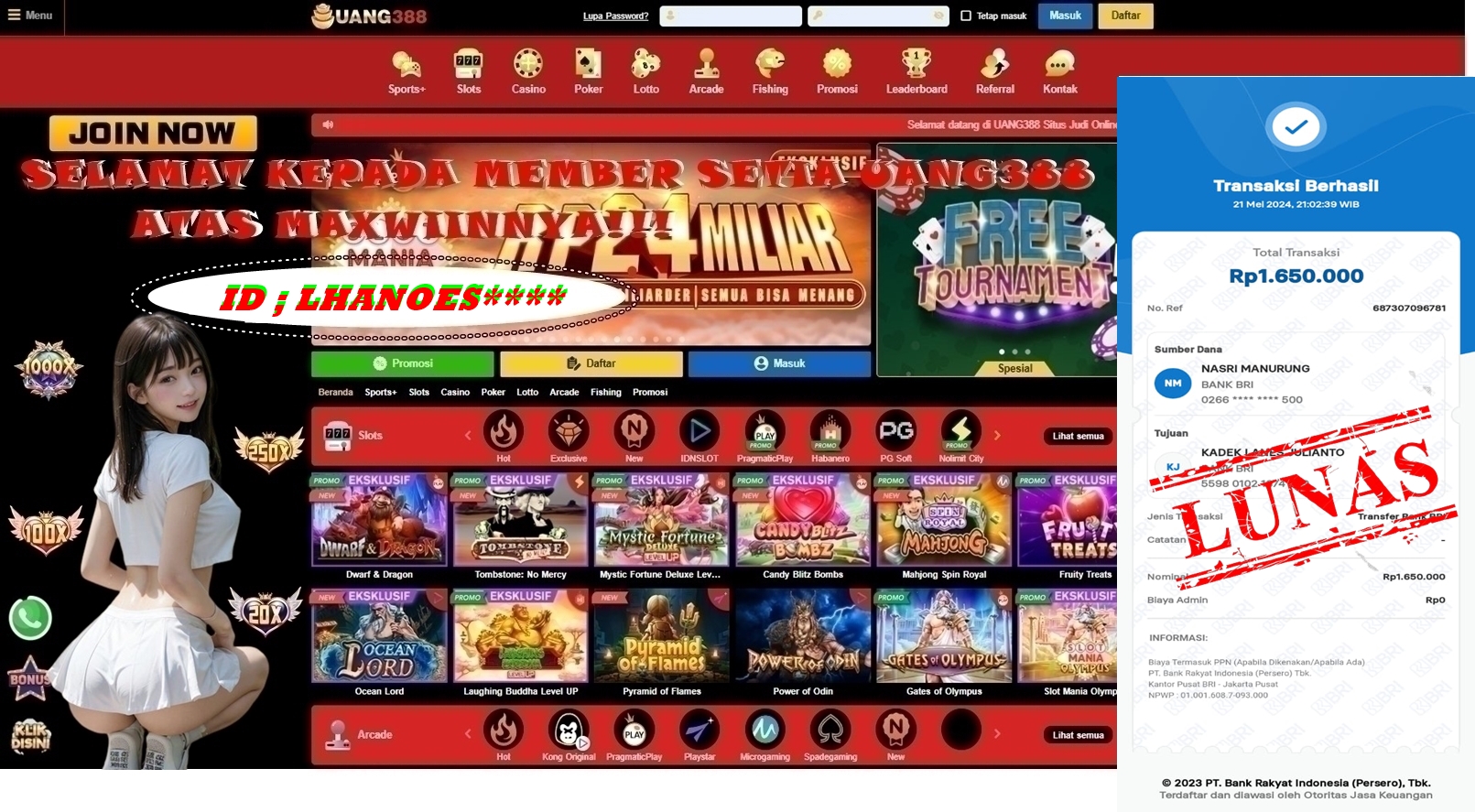 UANG388 JACKPOT SLOT BAKERY BONANZA Rp.1.650.000,- LUNAS