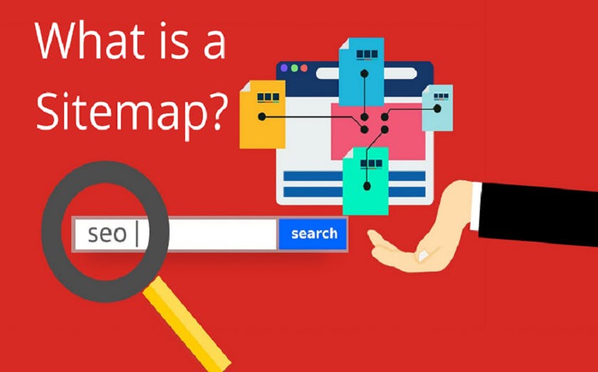 Close-up of a computer screen with text: "What is a Sitemap?" A magnifying glass is held in front of the screen.