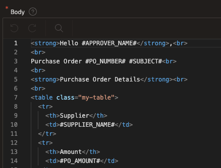 Screenshot of HTML code for an email template. The code includes placeholders for approver name, purchase order number, subject, supplier name, and purchase order amount.