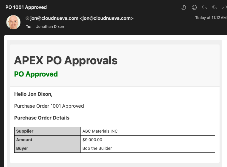 APEX Email Result - PO Approved