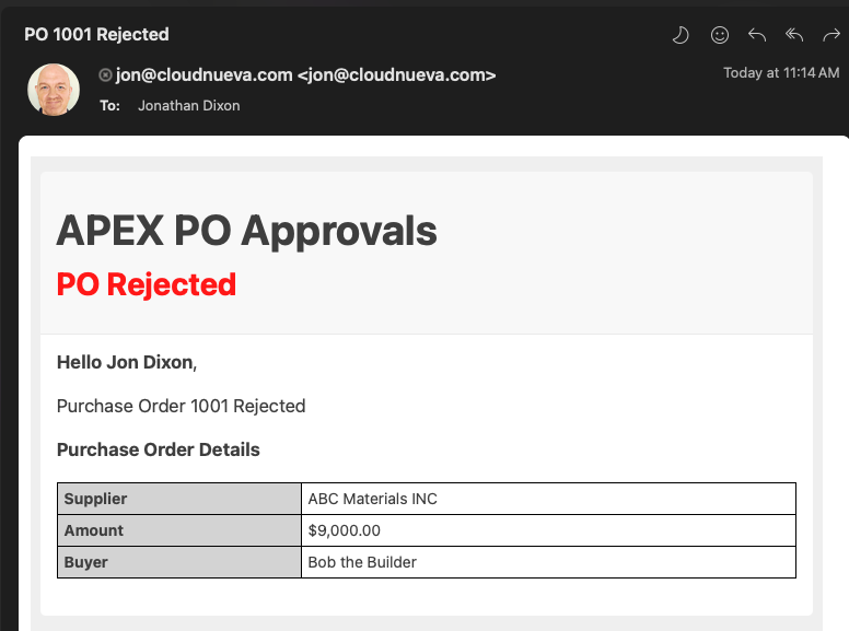 APEX Email Result - PO Rejected