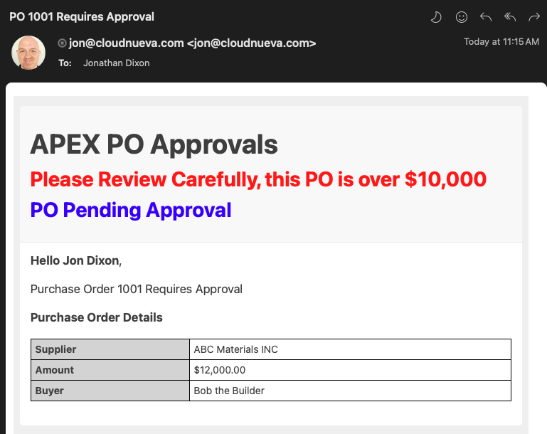 APEX Email Result - High-Value PO