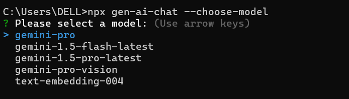 Command prompt displaying a model selection menu for "gen-ai-chat" with options: gemini-pro, gemini-1.5-flash-latest, gemini-1.5-pro-latest, gemini-pro-vision, and text-embedding-004. The currently selected option is "gemini-pro."