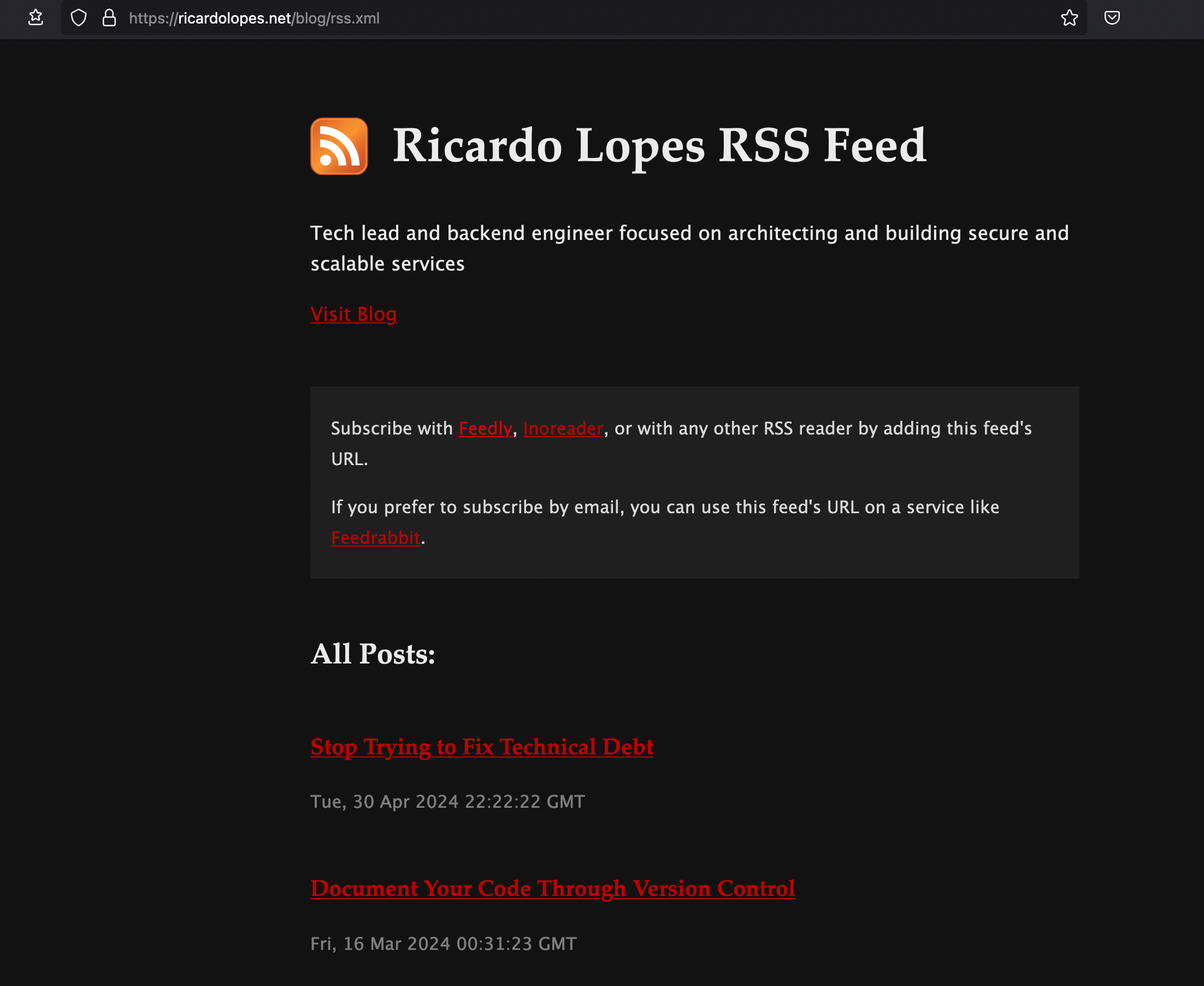 Screenshot of this blog's RSS feed displayed in a modern web browser (Firefox), styled as a regular web page thanks to XSLT