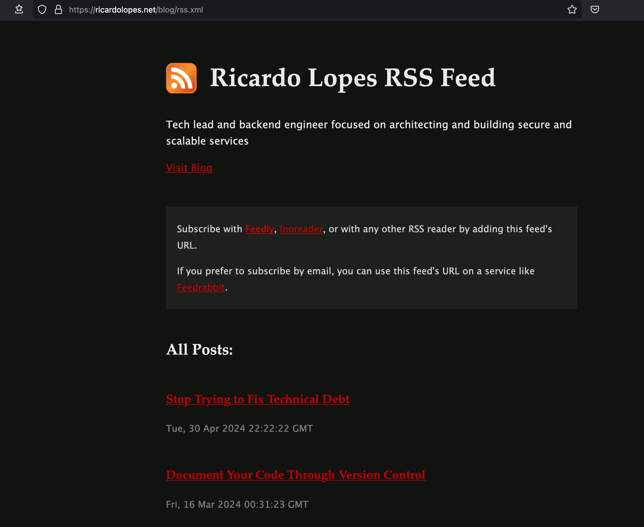 Screenshot of this blog's RSS feed displayed in a modern web browser (Firefox), styled as a regular web page thanks to XSLT