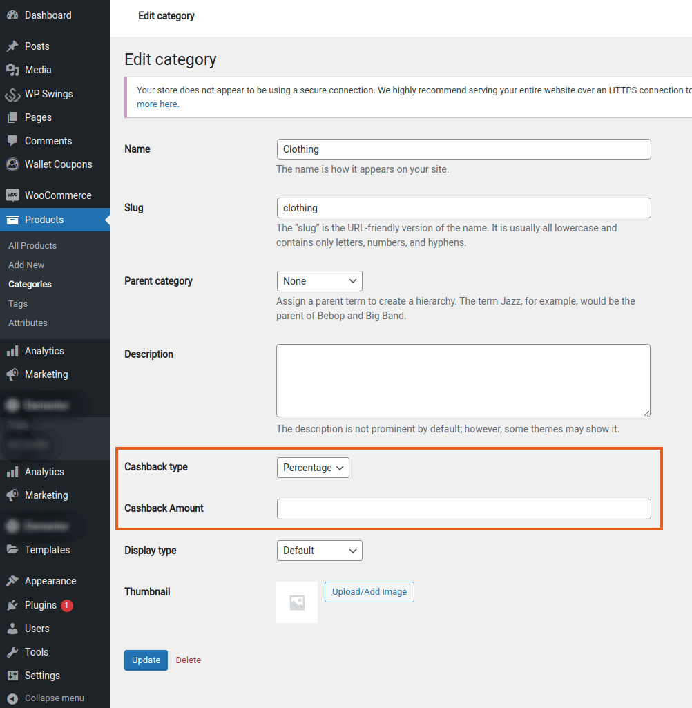 cashback setting accoriding to individual category