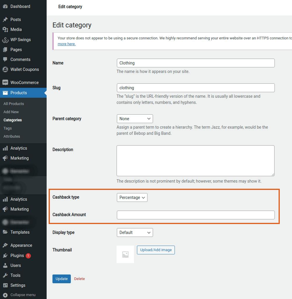 cashback setting accoriding to individual category