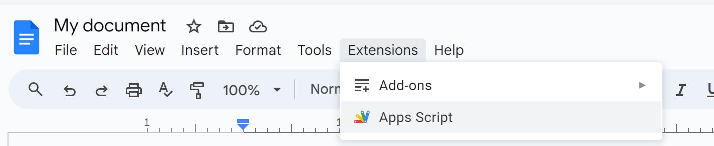 Screenshot of extensions tab, choosing apps scripts