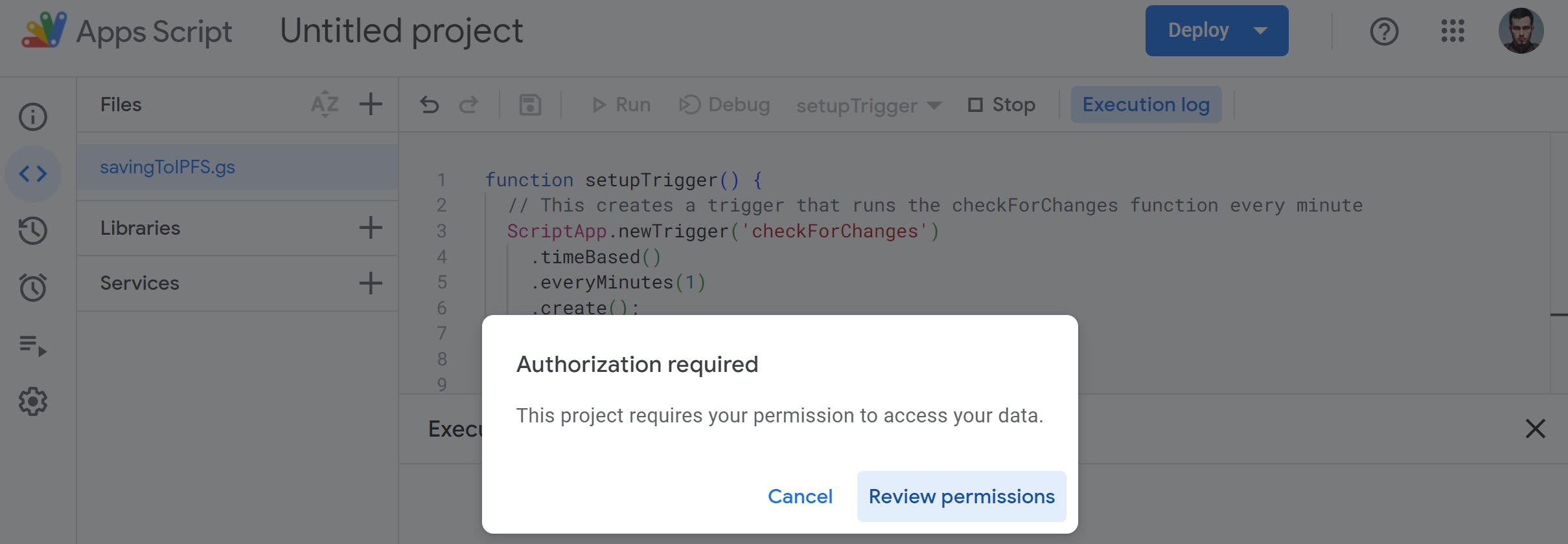 AppScripts pop-up about authorization required