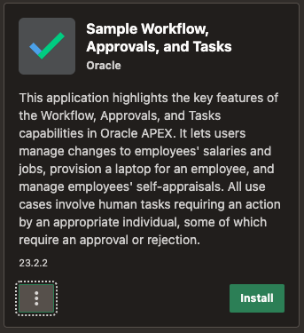 A software application card for "Sample Workflow, Approvals, and Tasks" by Oracle. The card describes the application's features, including managing employee salaries, job changes, laptop provisioning, and self-appraisals. It mentions that tasks involve human actions requiring approval or rejection. The version is 23.2.2, and there is an "Install" button at the bottom.