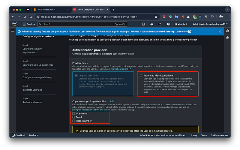 Cognito User Pool Interface on AWS Console.