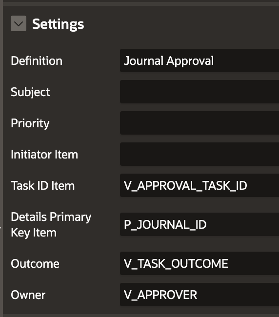 A settings menu with fields for "Definition," "Subject," "Priority," "Initiator Item," "Task ID Item," "Details Primary Key Item," "Outcome," and "Owner." The "Definition" field is filled with "Journal Approval," "Task ID Item" with "V_APPROVAL_TASK_ID," "Details Primary Key Item" with "P_JOURNAL_ID," "Outcome" with "V_TASK_OUTCOME," and "Owner" with "V_APPROVER."