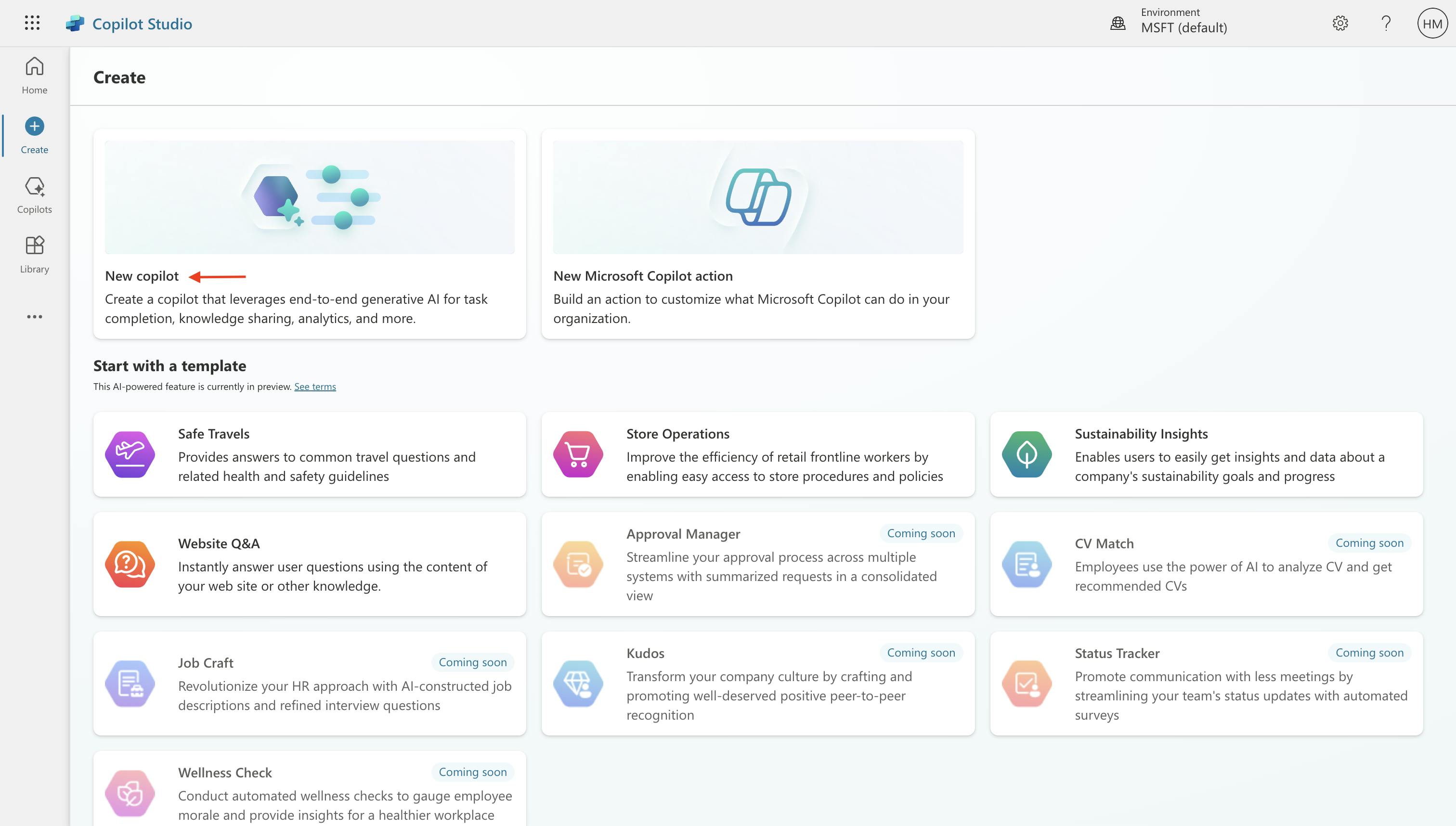 Screenshot of the Copilot Studio interface showing options to create a new copilot or a new Microsoft Copilot action. Below these options, there are various templates available, including Safe Travels, Store Operations, Sustainability Insights, Website Q&A, Approval Manager, CV Match, Job Craft, Kudos, Wellness Check, and Status Tracker. Some templates are marked as "Coming soon."