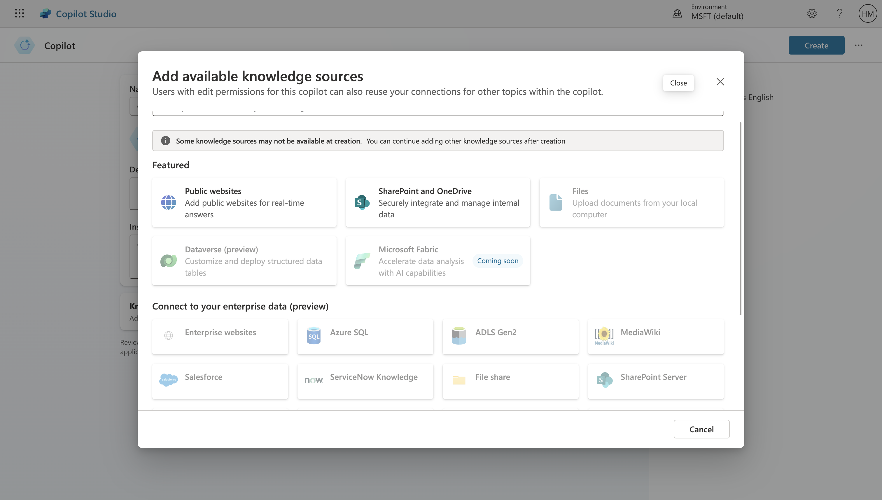 A screenshot of the "Add available knowledge sources" window in Copilot Studio. It lists various sources such as Public websites, SharePoint and OneDrive, Files, Dataverse, Microsoft Fabric, Enterprise websites, Azure SQL, ADLS Gen2, Salesforce, ServiceNow Knowledge, File share, MediaWiki, and SharePoint Server. There is a "Close" button at the top right and a "Cancel" button at the bottom right.