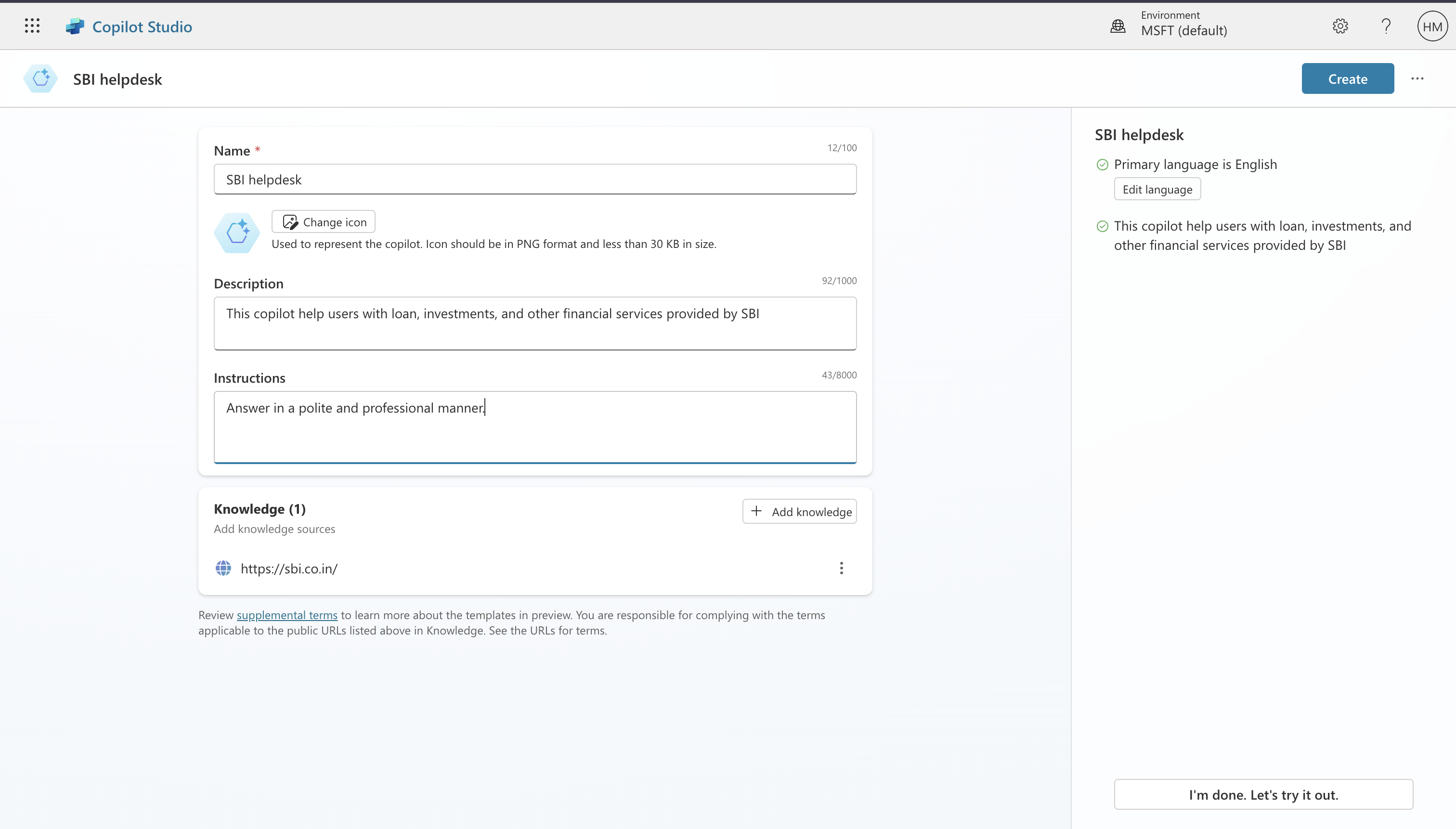 Screenshot of the Copilot Studio interface showing the creation of a helpdesk named "SBI helpdesk". The description states that the copilot helps users with loans, investments, and other financial services provided by SBI. Instructions are to answer in a polite and professional manner. A knowledge source URL is also provided.