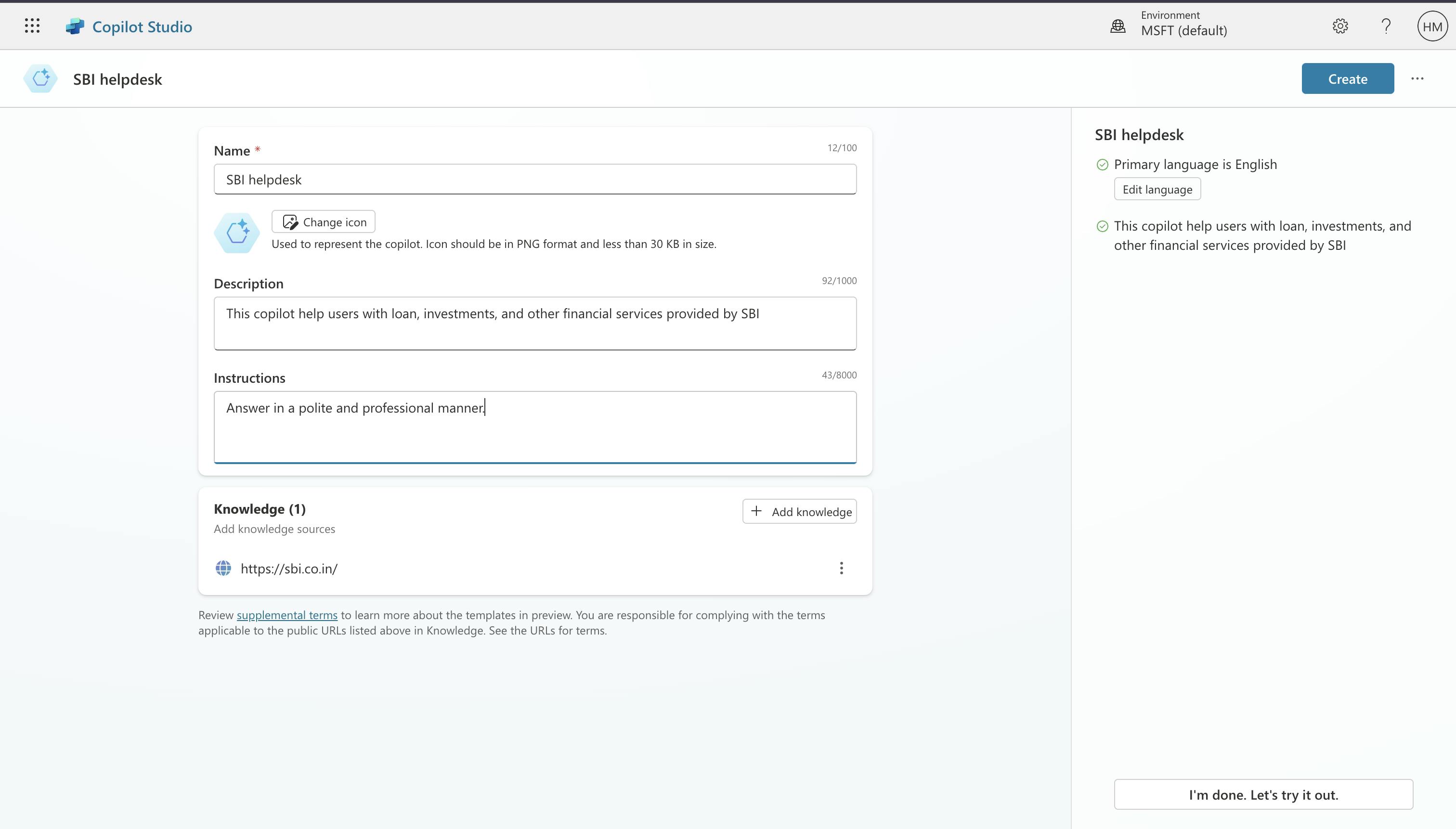 Screenshot of the Copilot Studio interface showing the creation of a helpdesk named "SBI helpdesk". The description states that the copilot helps users with loans, investments, and other financial services provided by SBI. Instructions are to answer in a polite and professional manner. A knowledge source URL is also provided.