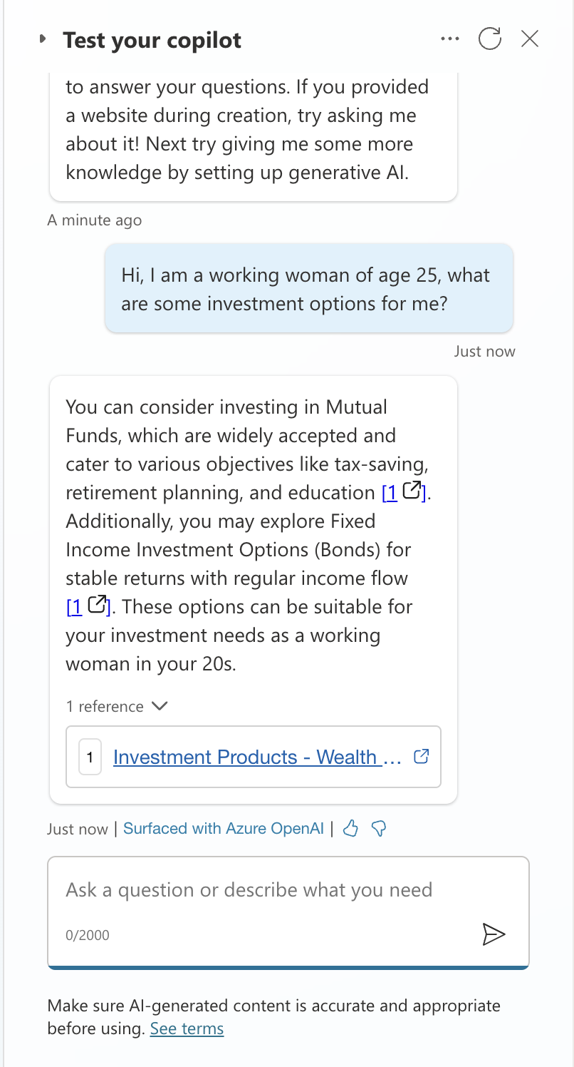 A chat interface where a user asks for investment options for a 25-year-old working woman. The response suggests investing in Mutual Funds for tax-saving, retirement planning, and education, and exploring Fixed Income Investment Options (Bonds) for stable returns. There is a reference link provided for more information.