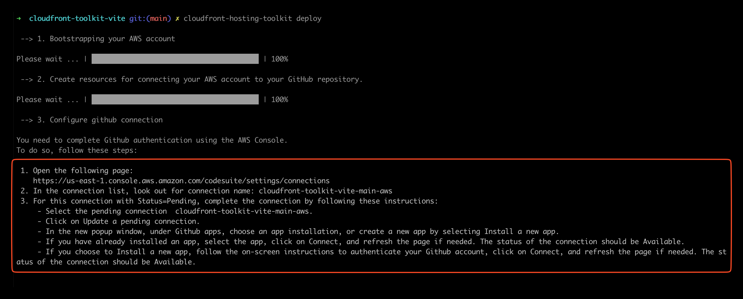 A terminal window showing the deployment process of the "cloudfront-hosting-toolkit" with steps for bootstrapping an AWS account, creating resources, and configuring a GitHub connection. Instructions for completing GitHub authentication using the AWS Console are highlighted in a red box.
